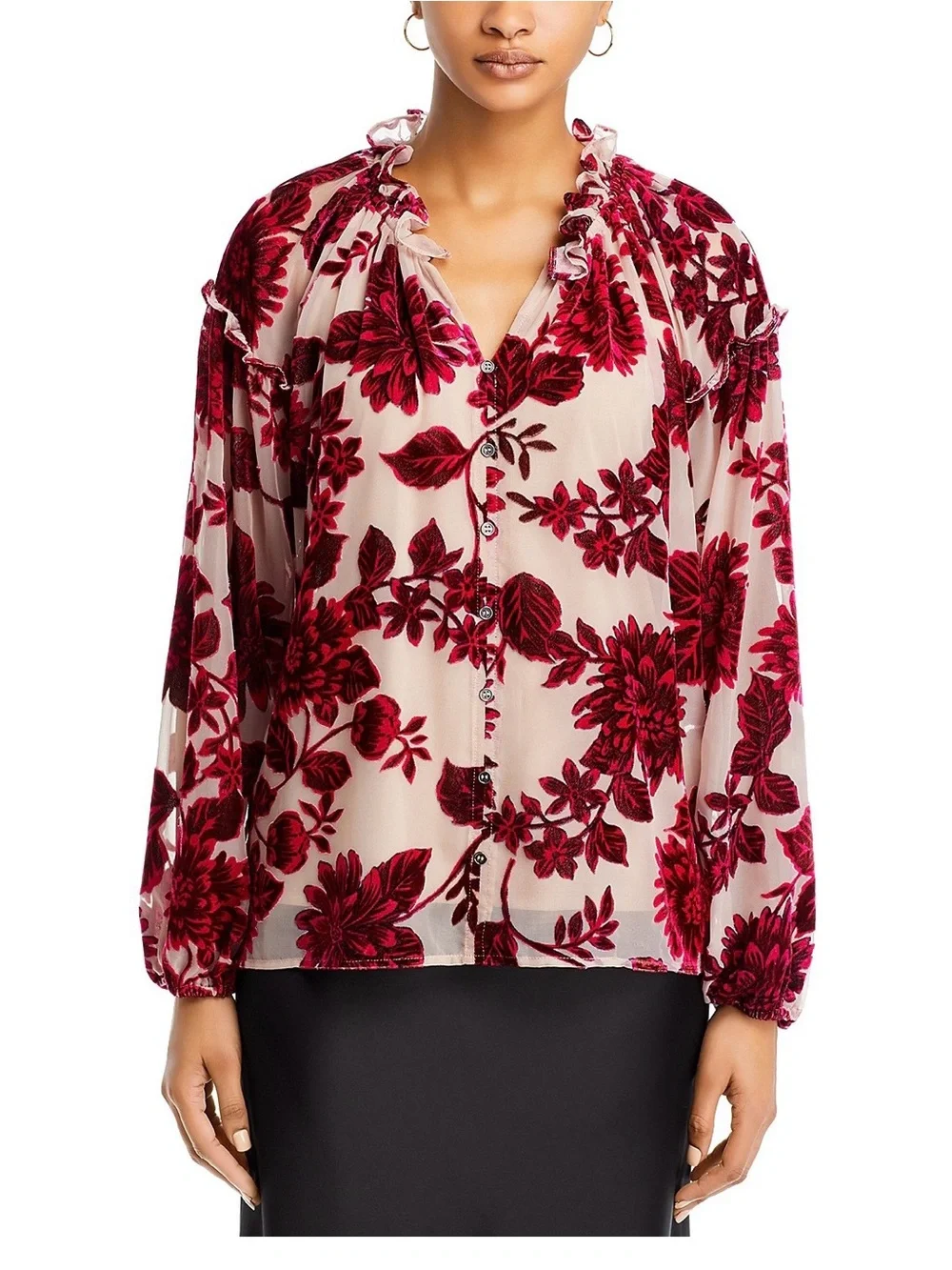 Bloomingdale’s Cupio Red Floral Burnout Ruffle Blouse on Cream size Large - Picture 2 of 16